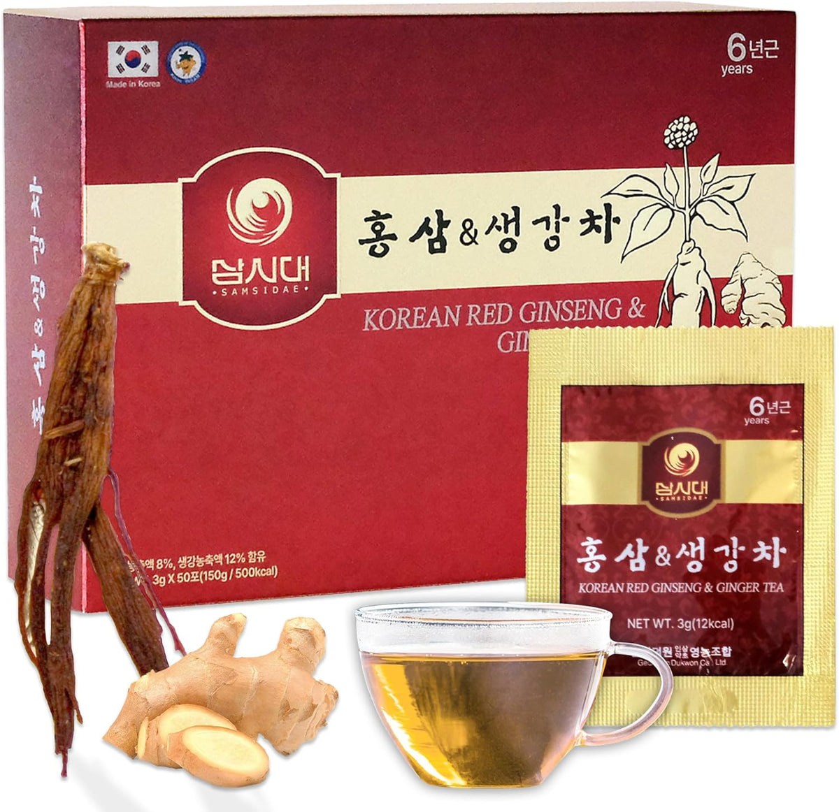 SAMSIDAE Korean Red Ginseng & Ginger Tea (50 Bags) | Supports Energy, Circulation & Digestion