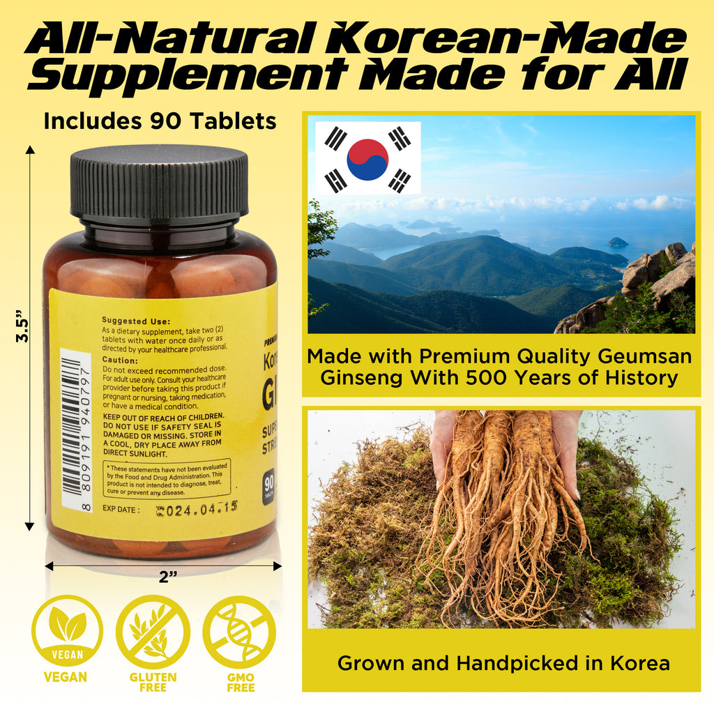 Korean Red Panax Ginseng Tablet. Superior Strength 2000mg Per Serving, 90 Vegan Tablets.